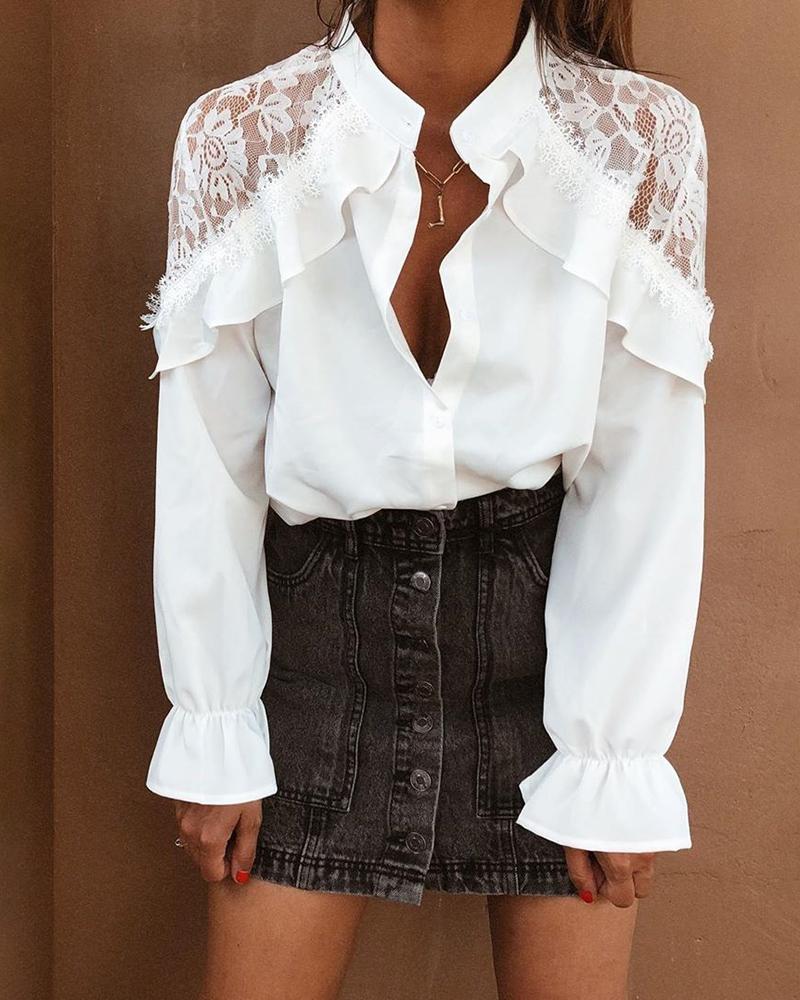 

Long Sleeve Ruffle Lace Stitching Blouse, White