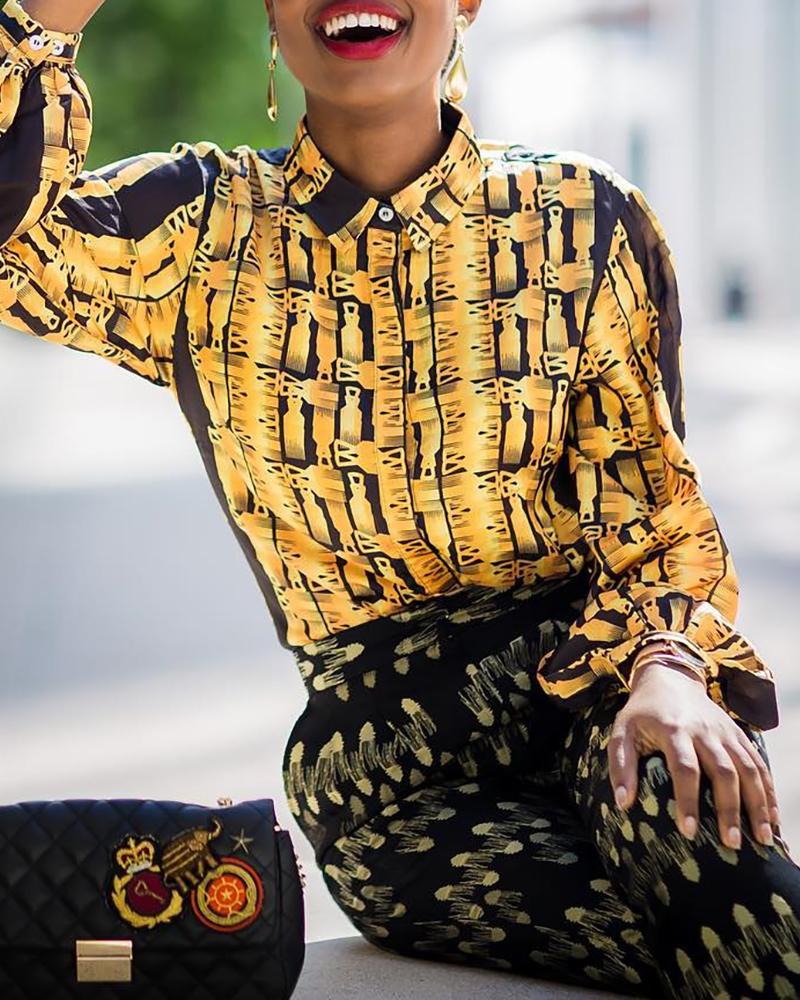 

Print Lantern Sleeve Casual Blouse