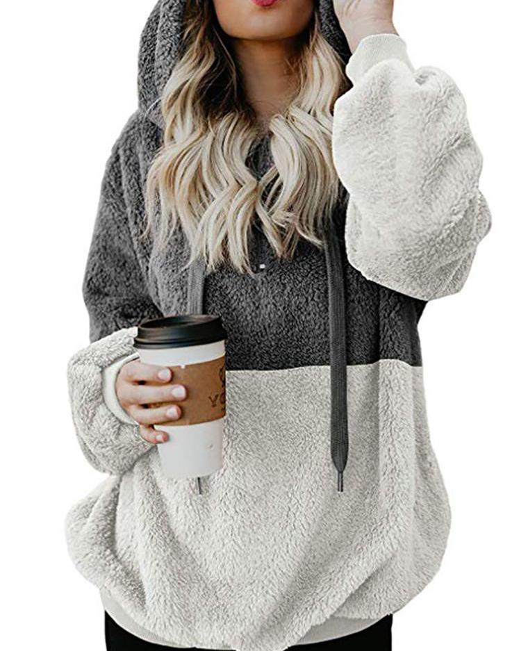 

Contrast Color Splicing Fluffy Hooded Blouse, Dark grey