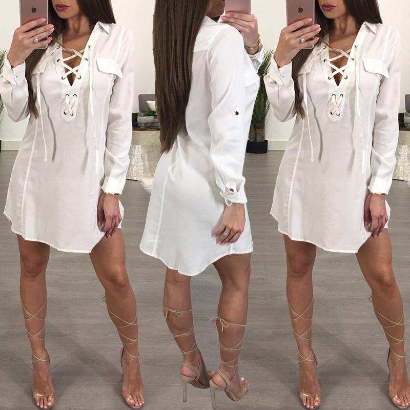 

Sexy Lace-up Grommet Patchwork Casual T-shirt Dress, White