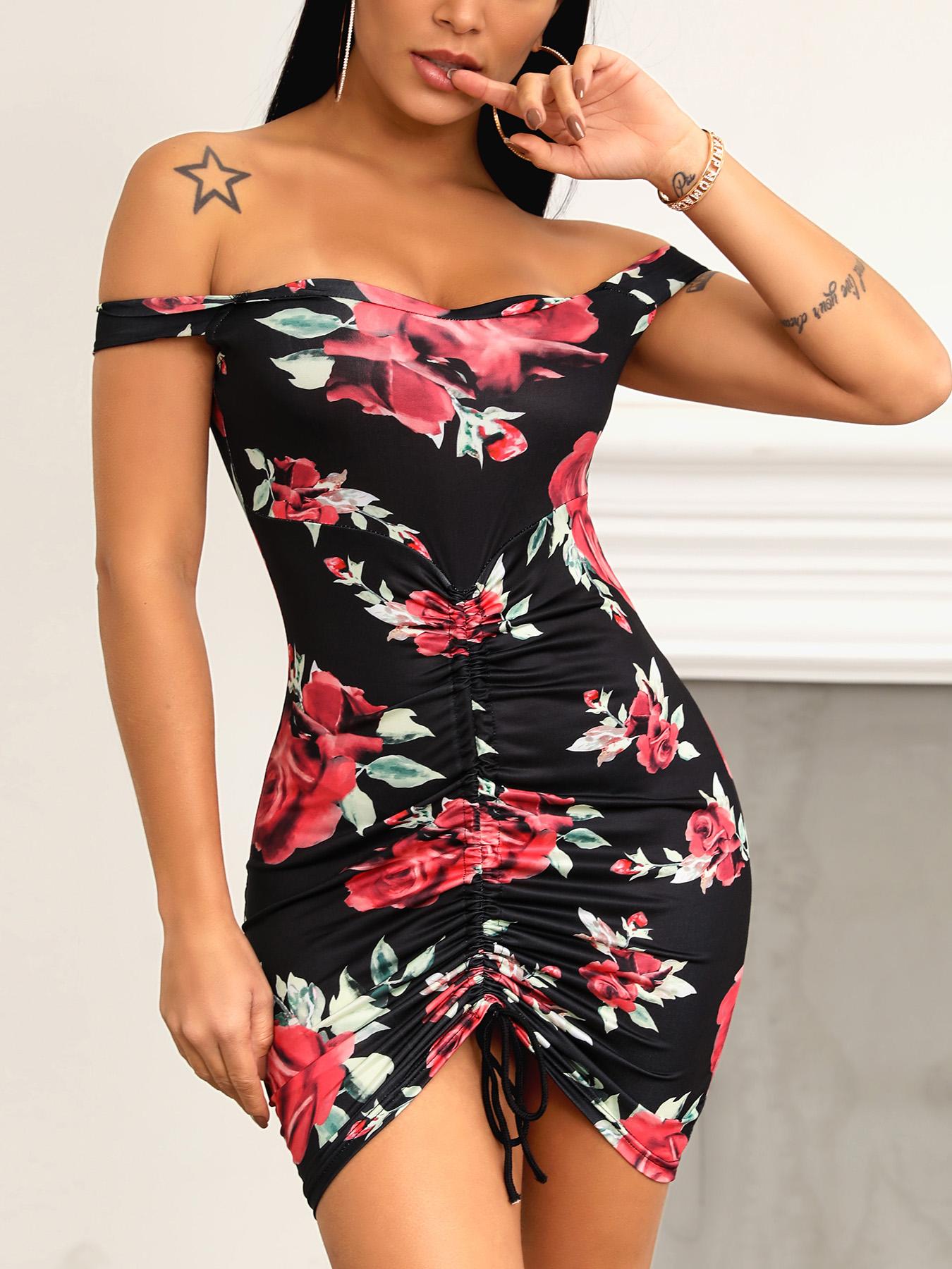 

Floral Print Off Shoulder Scrunched Dress, Black