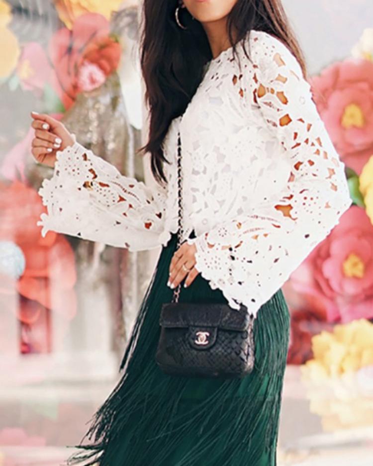 

Hollow Out Lace Flare Sleeve Casual Blouse, White