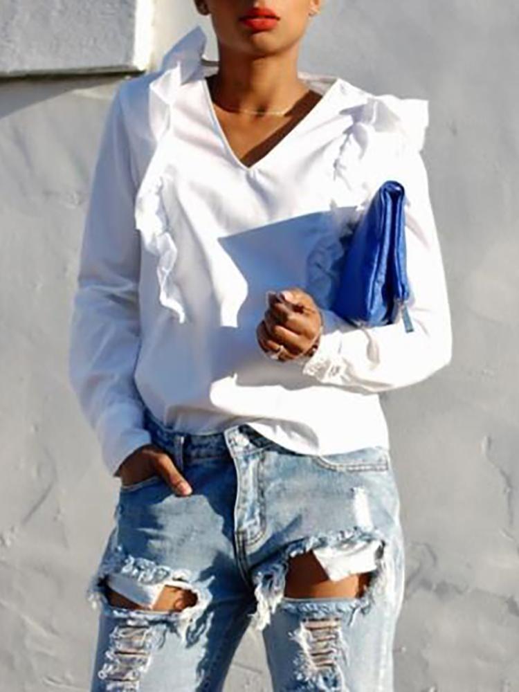 

V-Neck Frills Trim Long Sleeve Blouse, White