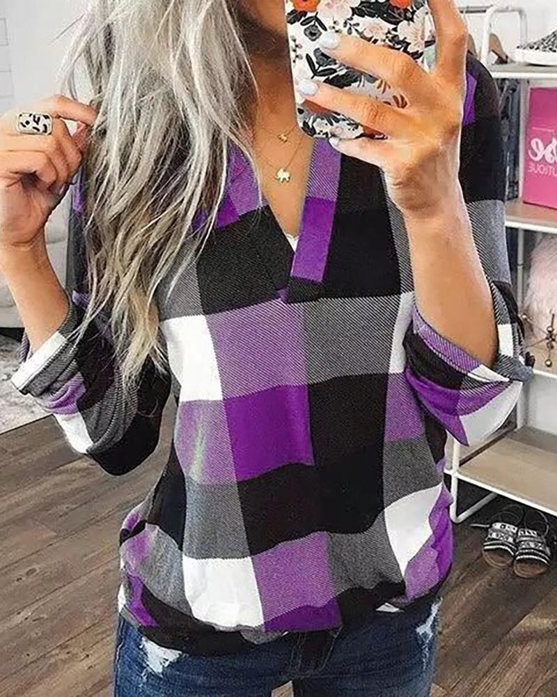 

Grid Print V-Neck Casual Blouse, Purple