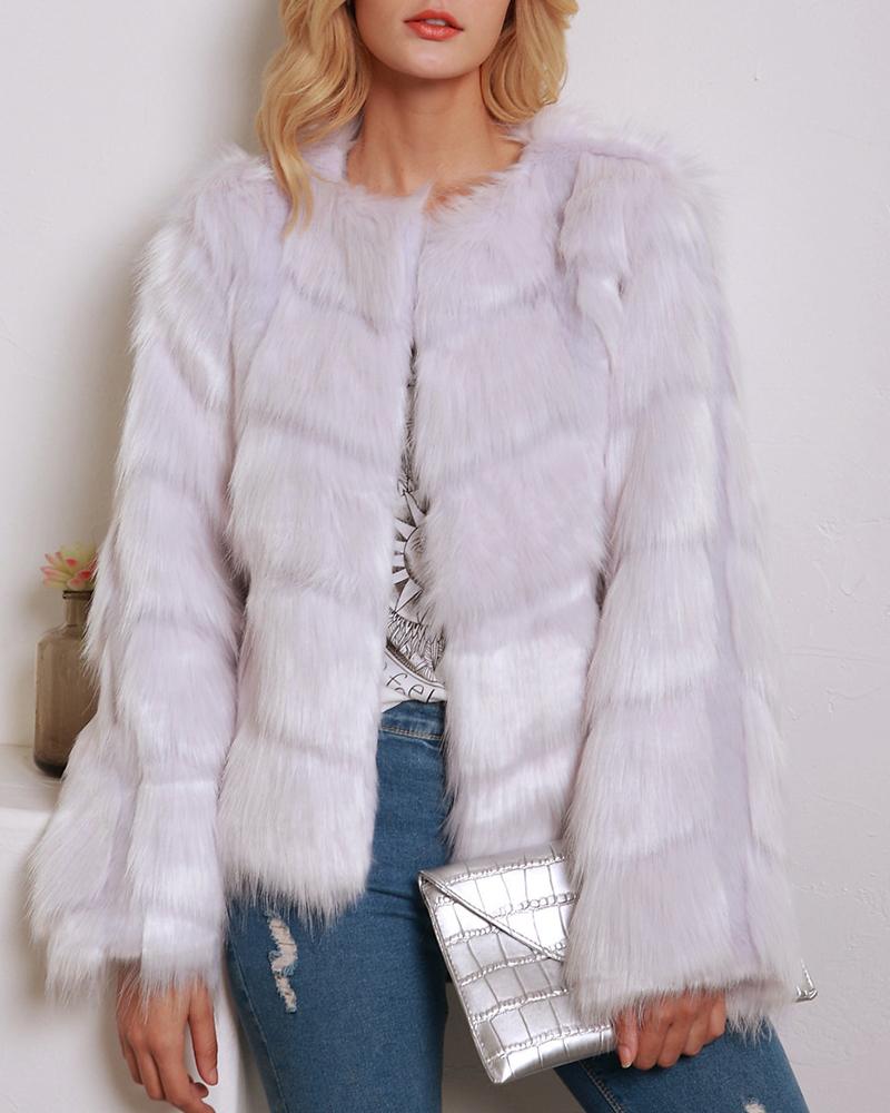 

Solid Open Front Long Sleeve Fur Fluffy Coat, Gray