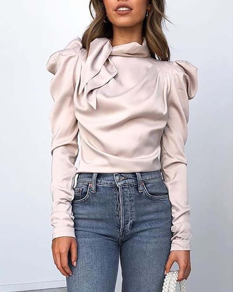 

Solid Puff Sleeve Tied Neck Blouse, Apricot