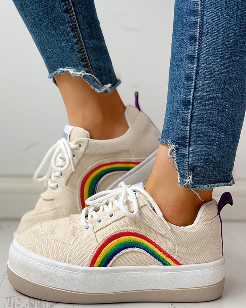 

Rainbow Pattern Eyelet Lace-Up Casual Muffin Sneakers, Beige