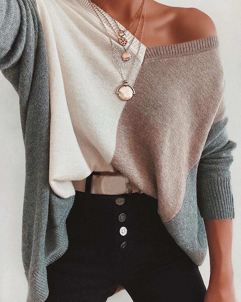 

V Neck Contrast Long Sleeve Sweater, Multicolor