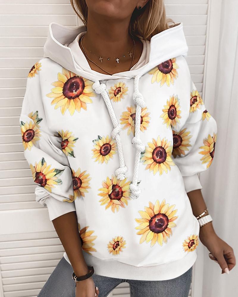 

Sunflower Print Hooded Casual Sweatshirt, White