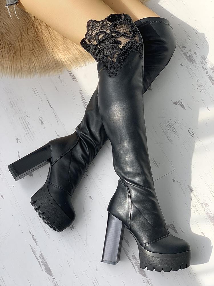 

Lace Insert Over The Knee Chunky Heeled PU Boots