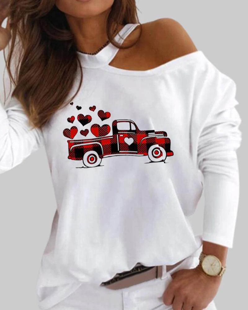 

Valentine' Day Heart Car Print One Shoulder Top, White