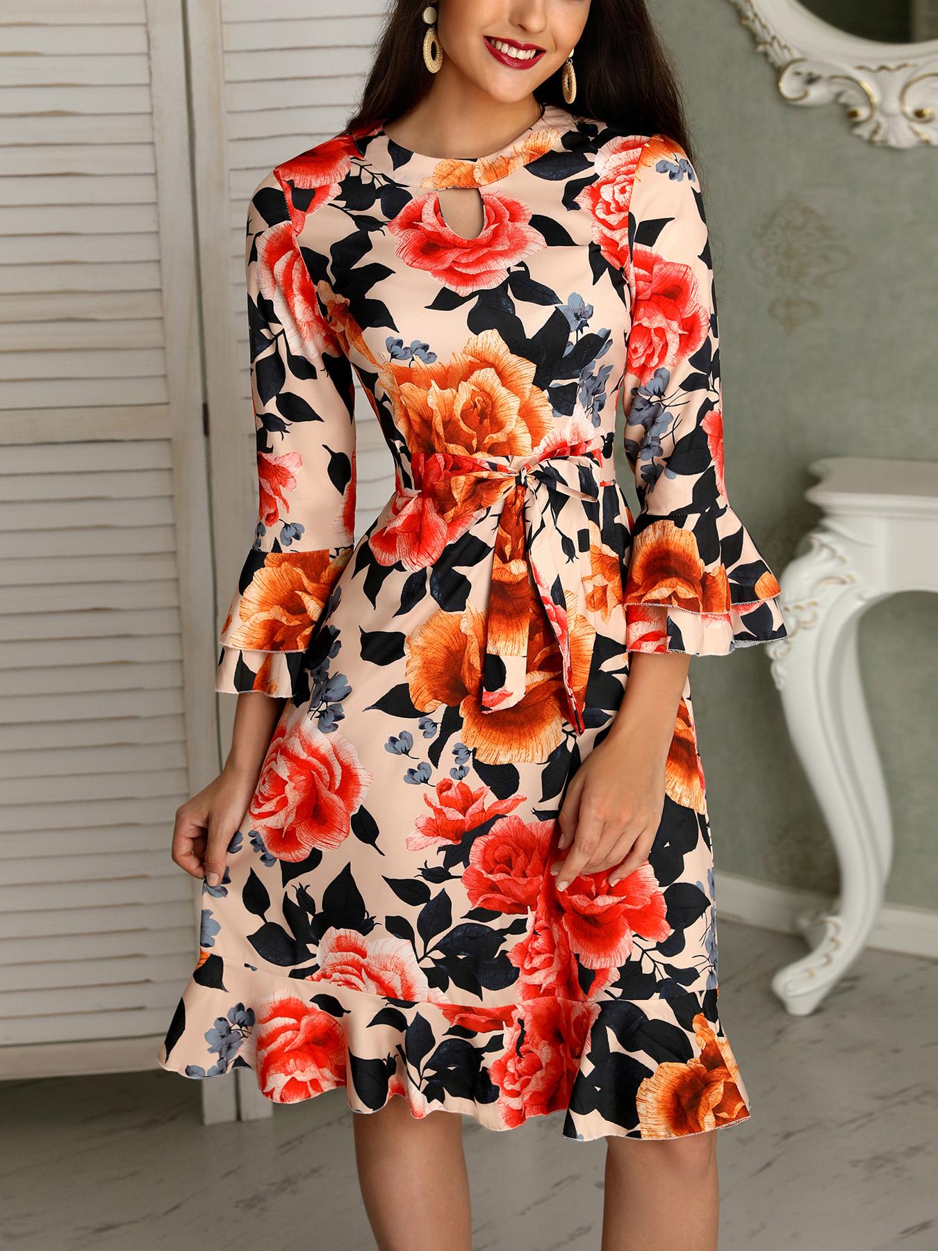 

Floral Print Cutout Ruffles Flared Sleeve Casual Dress