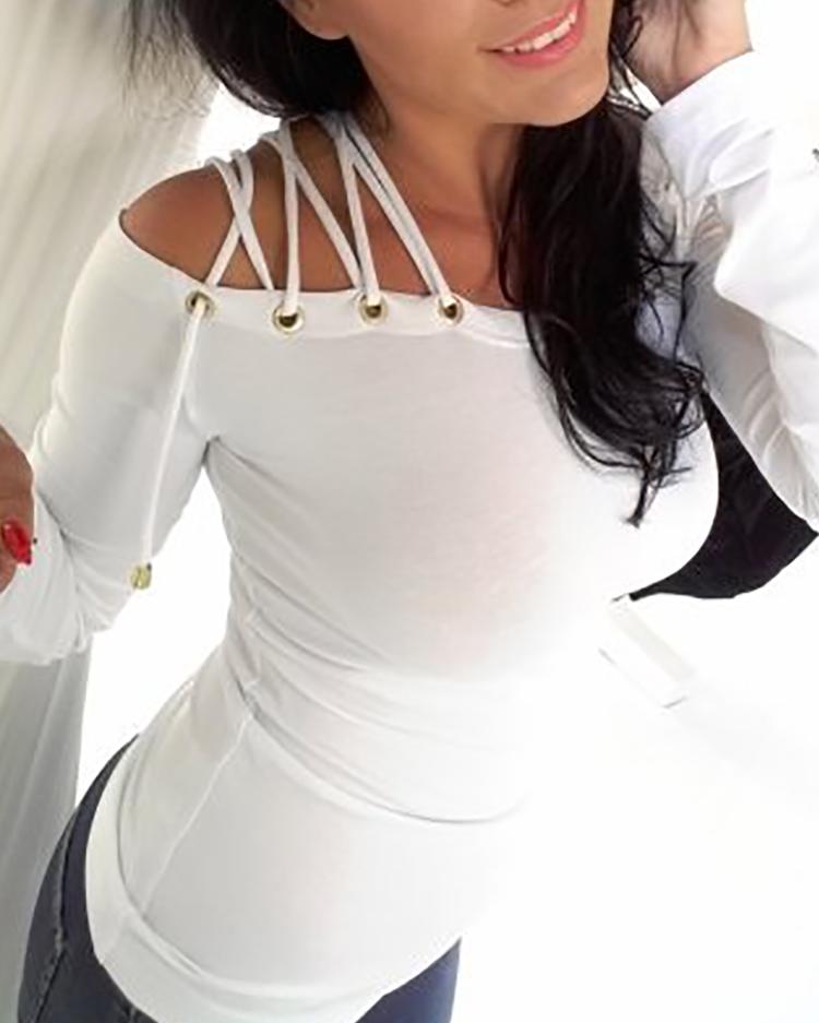 

Casual Lace-Up Eyelet Off Shoulder Blouse, White