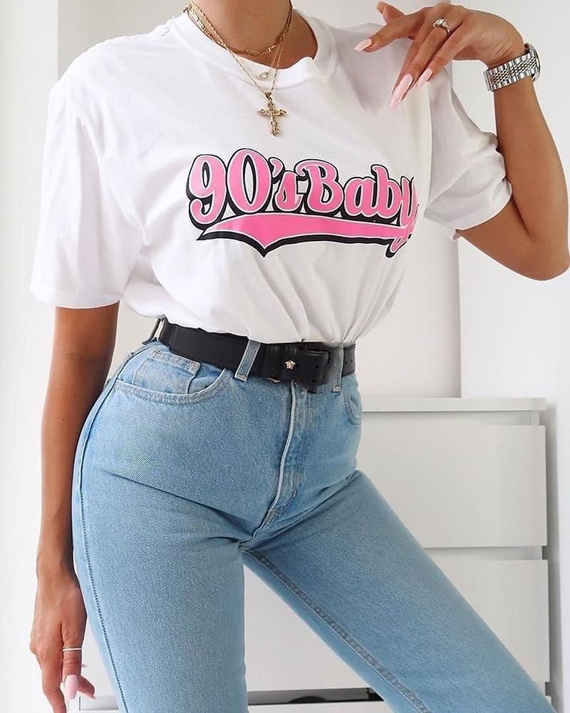 

Letter Print Round Neck Casual T-shirt, White