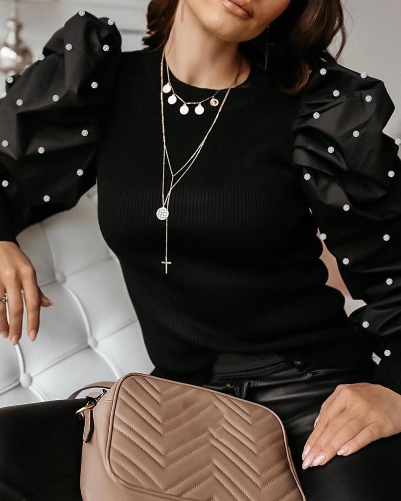 

Beaded Puffed Sleeve Ribbed Blouse, Black