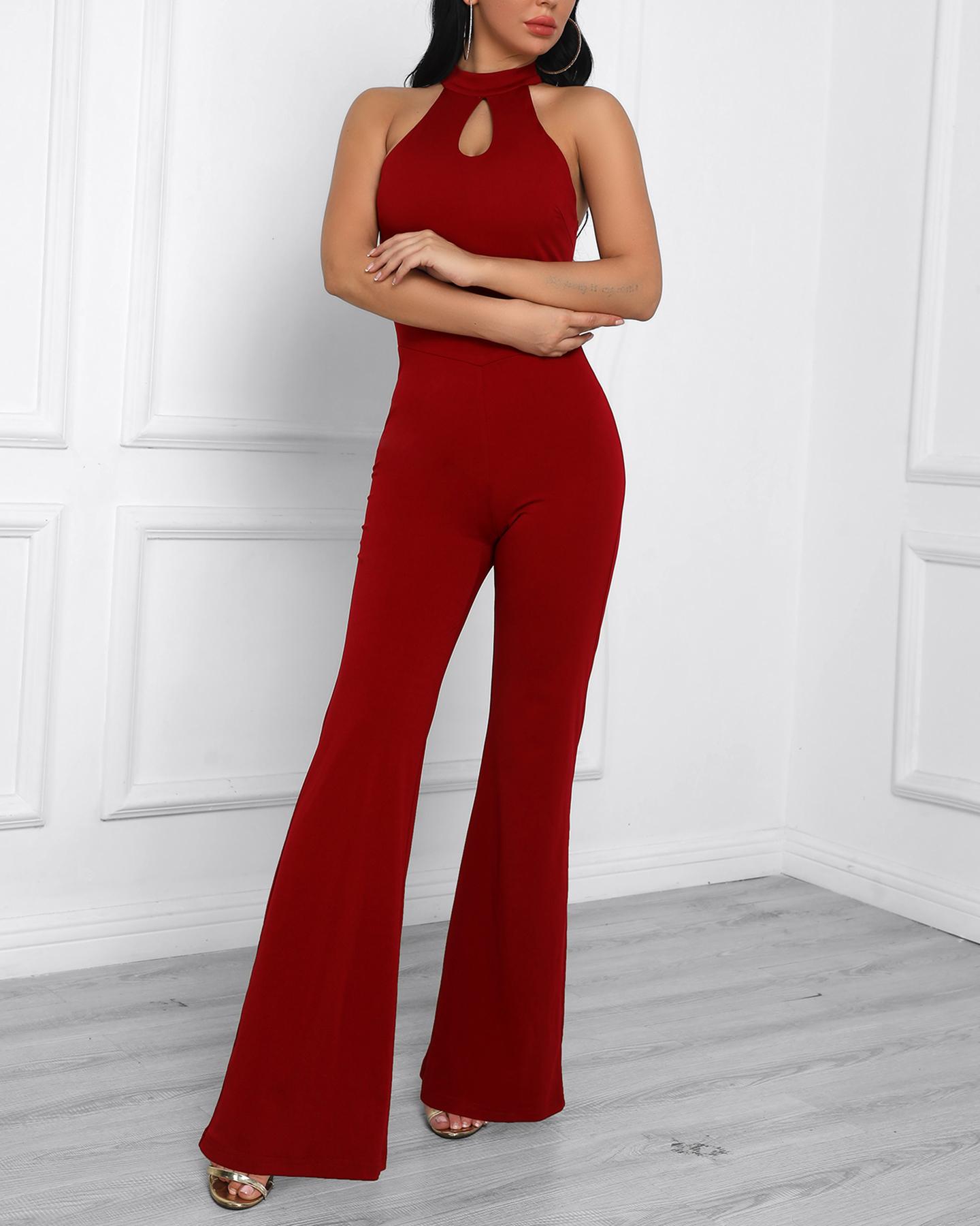 

Halter Keyhole Front Jumpsuit, Dark red