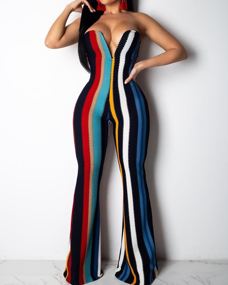 

V-neck Striped Flared Jumpsuit, Multicolor