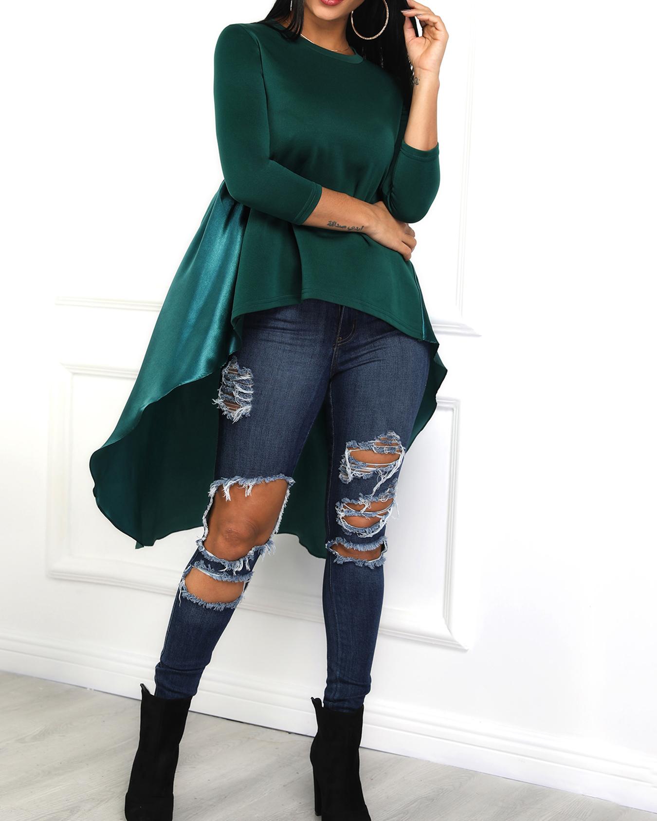 

Splicing Pleated Dip Hem Blouse, Green