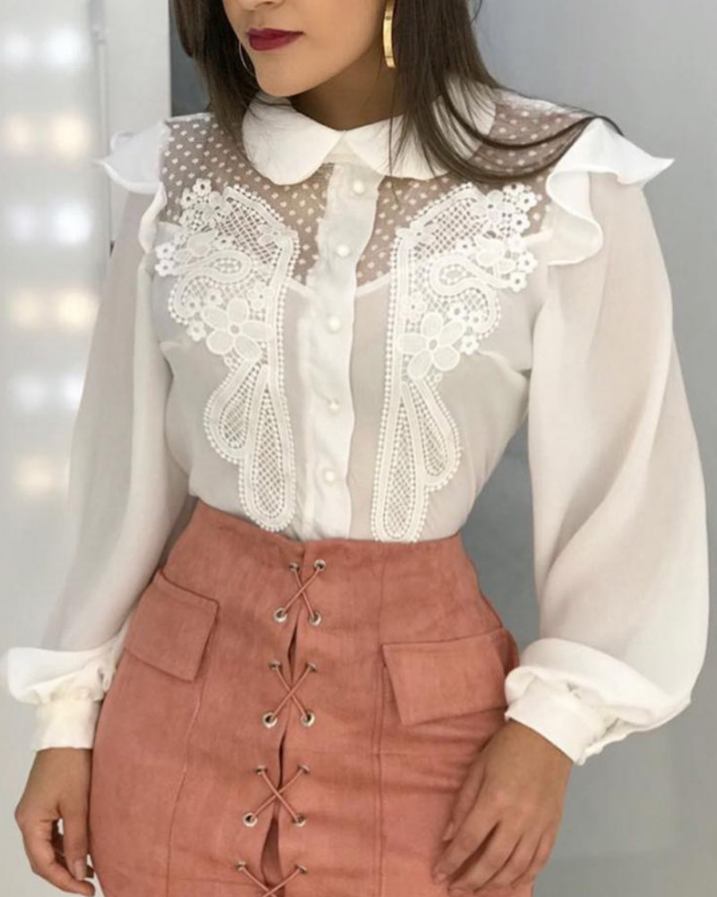 

Peter Pan Collar Mesh Lace Insert Blouse, White