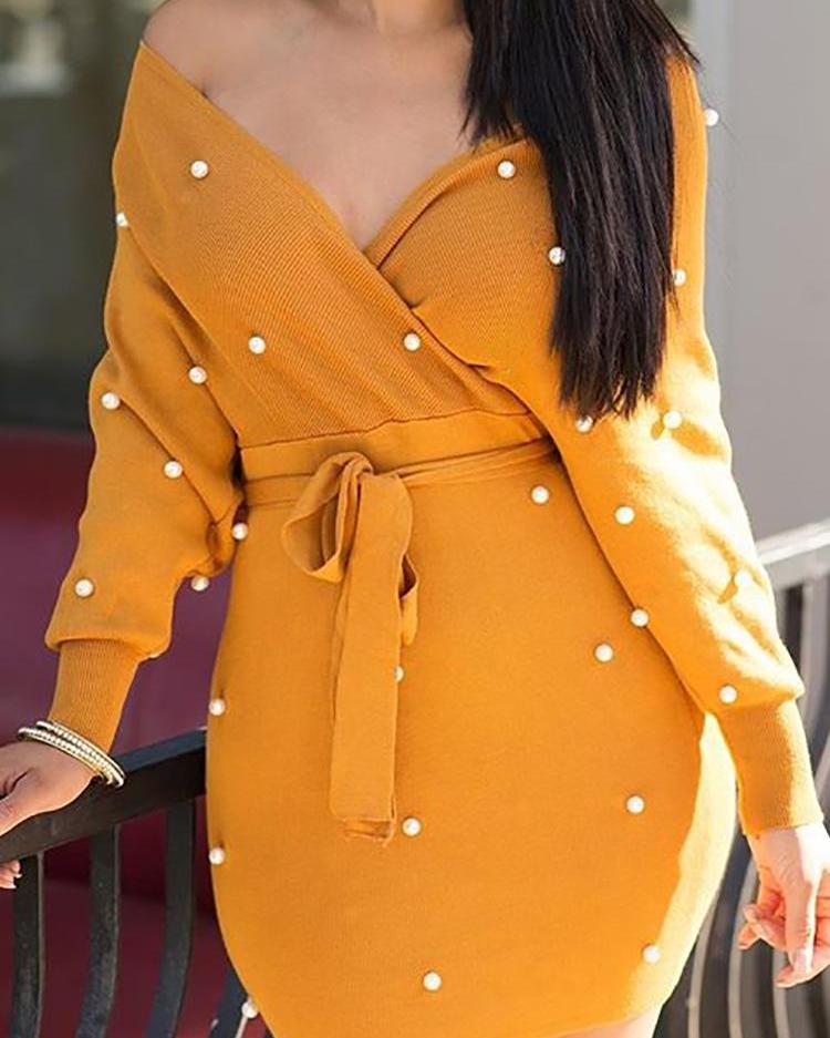 

Beading Off Shoulder Belted Sweater Dress