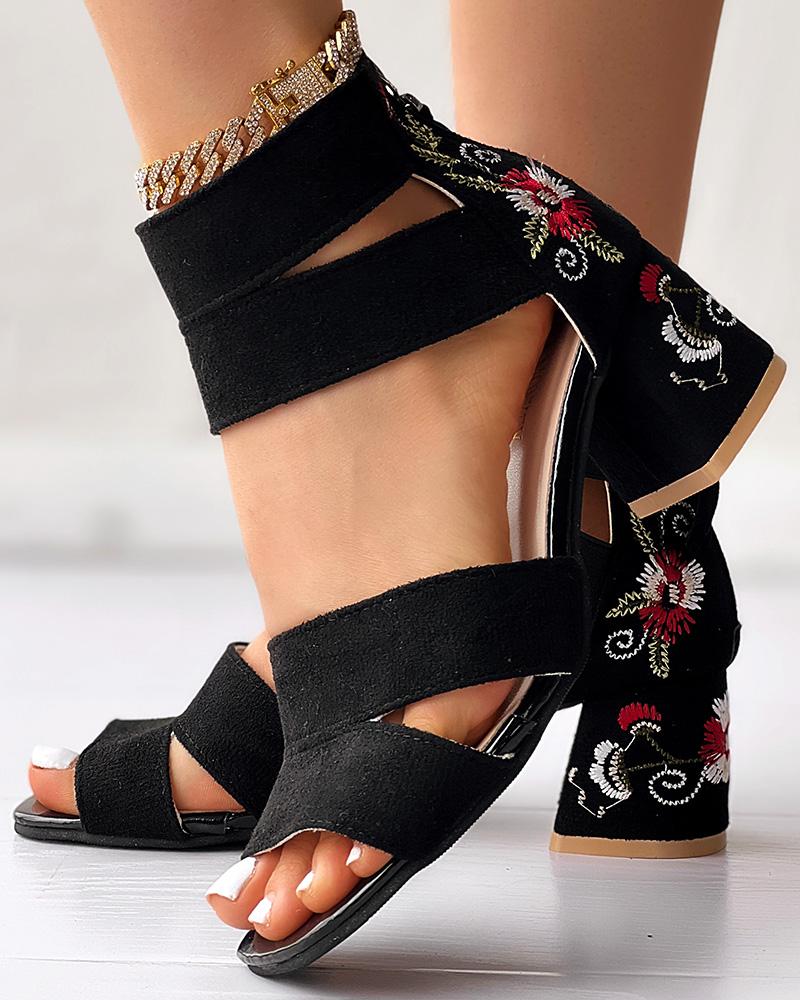 

Floral Embroidered Chunky Heeled Sandals, Red