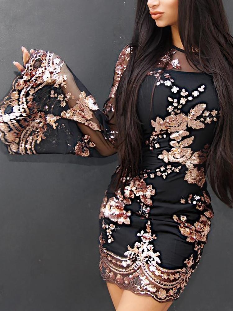 

Glittering Sequins Flare Sleeve Mini Dress