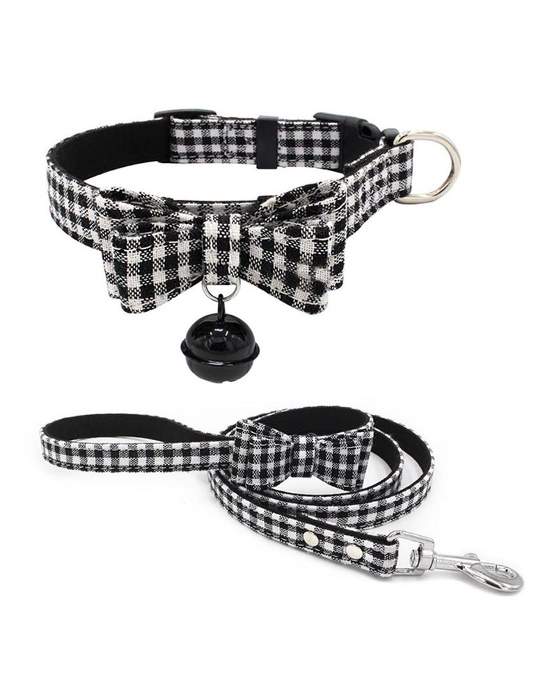 

Christmas Pattern Bow & Bell Pet Collar With Leash, Black