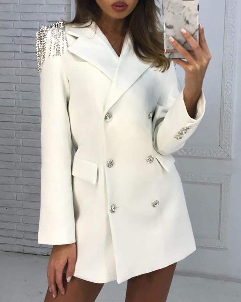 

Double Breasted Tassel Shoulder Blazer Dress, White