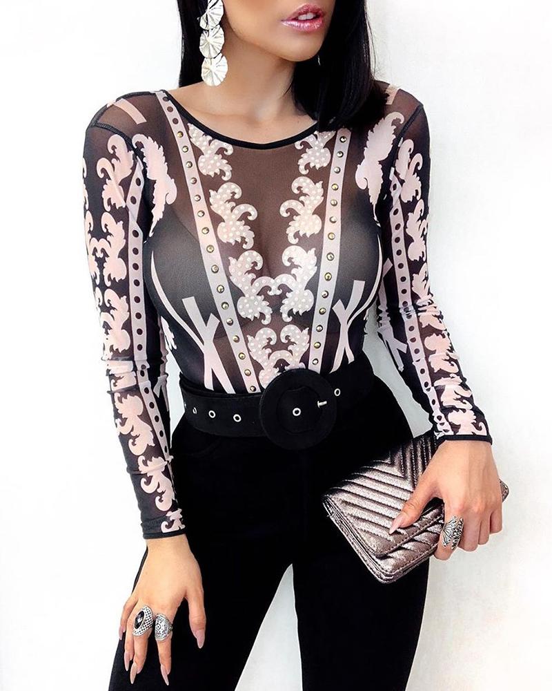 

Rivet Sheer Mesh Print Casual Blouse, Black