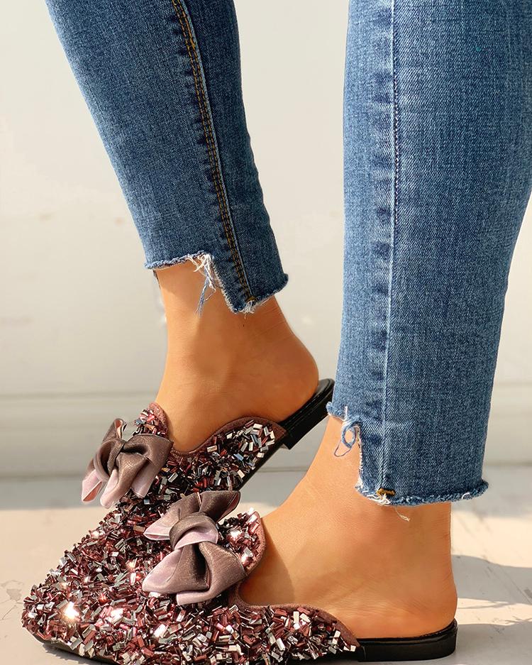

Bowknot Sequin Pointed Toe Flat Shoes