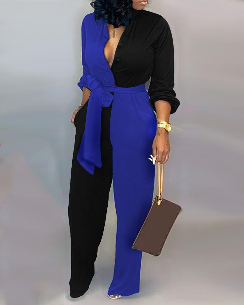 

Colorblock Long Sleeve Knotted Jumpsuit, Blue