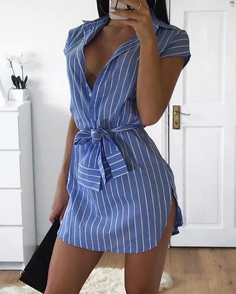 

Stripe Button-down Belted Shirt Dress, Blue