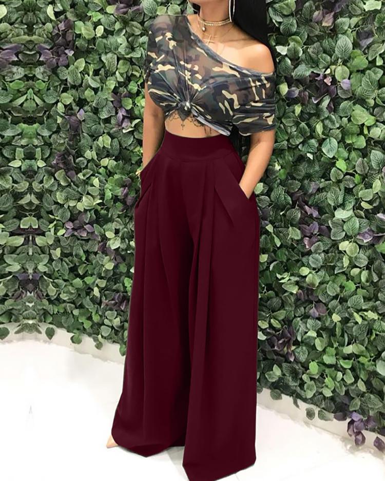 

Camo Print Top & Wide Leg Pants Sets, Wine red