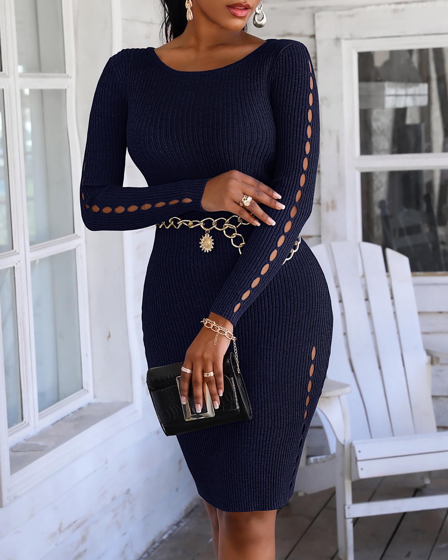 

Plain Long Sleeve Hollow Out Knit Sweater Dress, Purplish blue