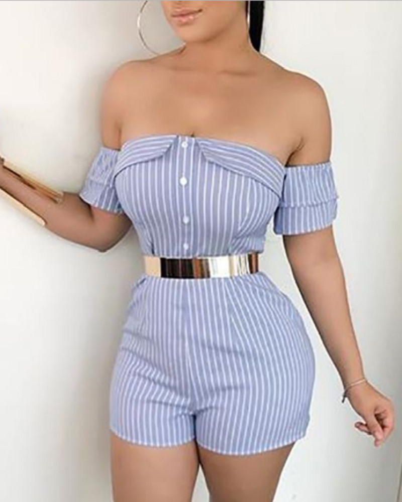 

Ruffles Slash Neck Stripe Pattern Playsuit, Blue