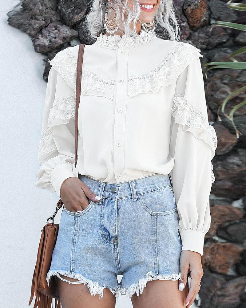 

Vintage Lace Trim Long Sleeve Blouse, White