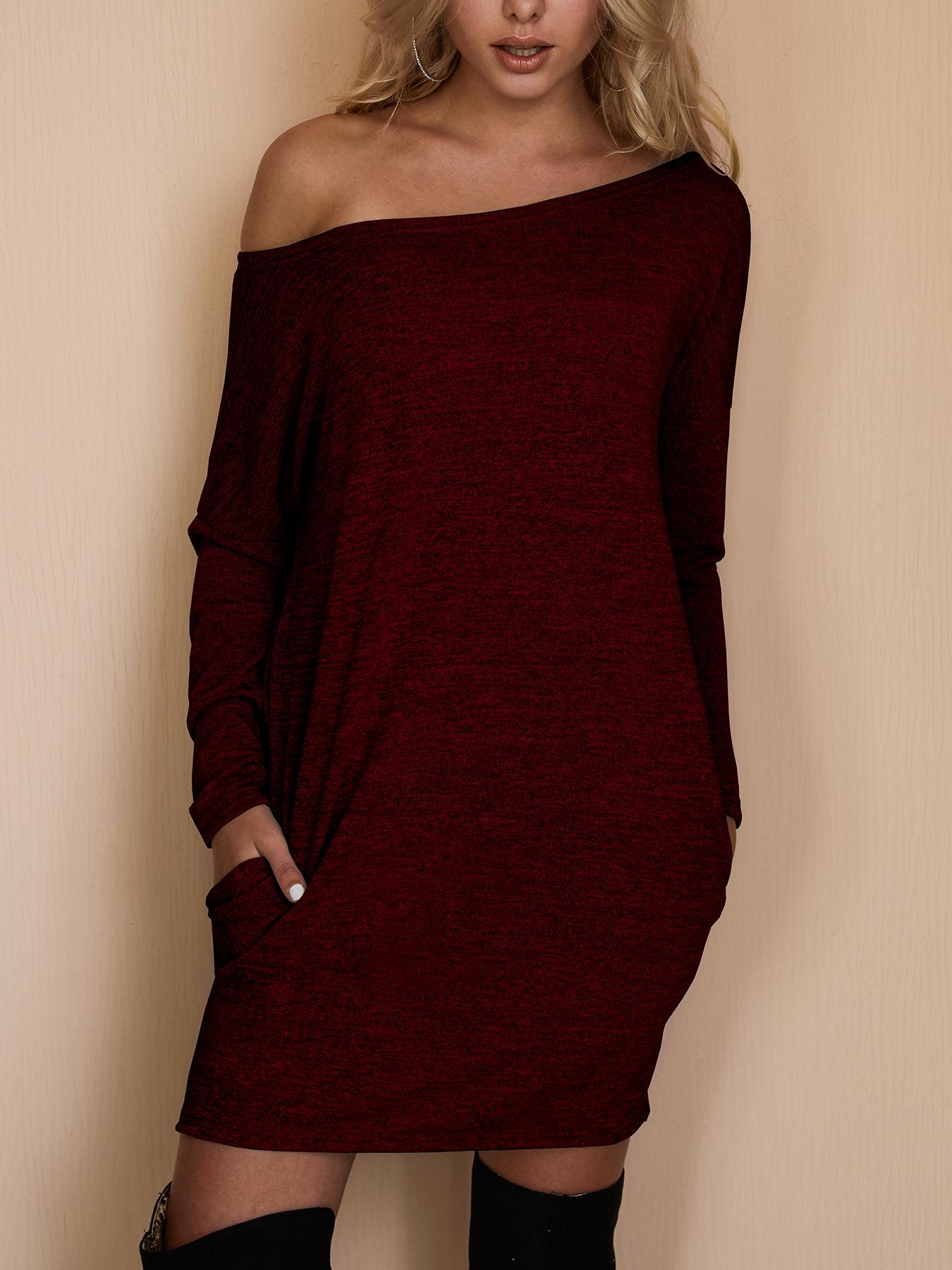 

Crew Neck Tunic Sweatshirt Dress, Wine red