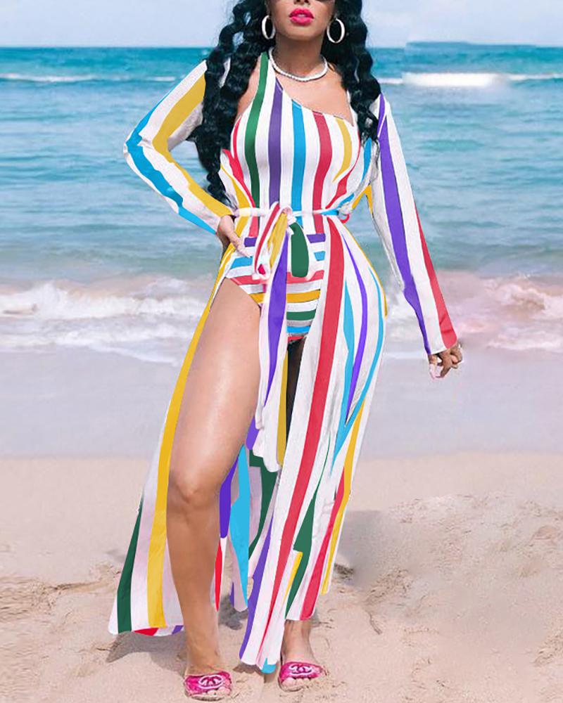 

Contrast Striped One Piece Swimwear With Cover Up
