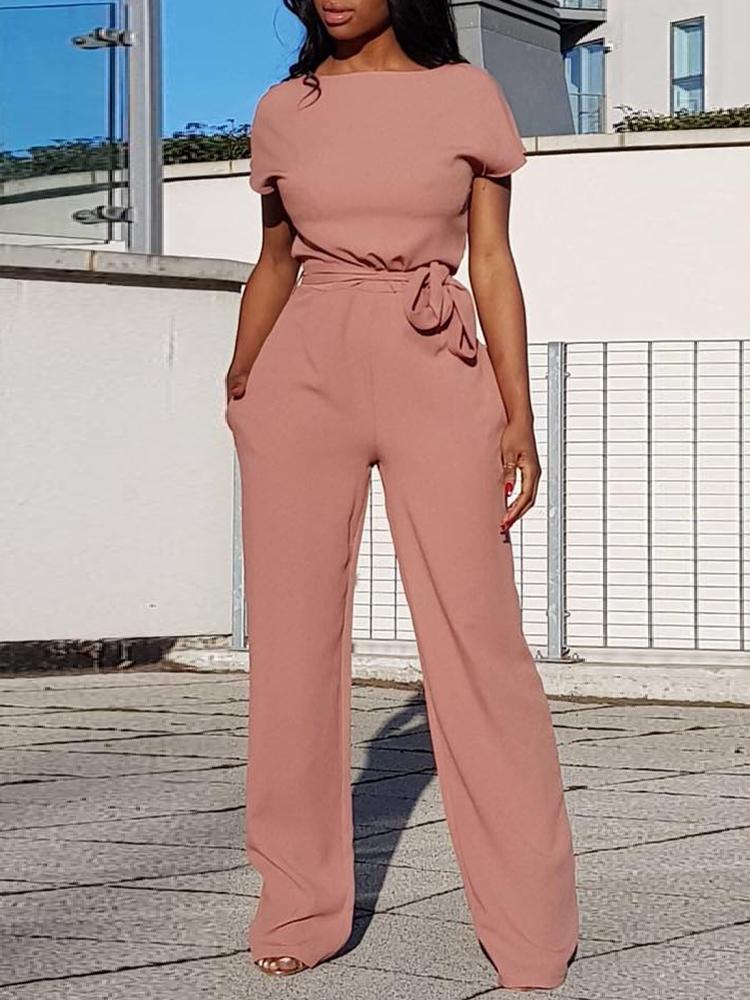 

Alluring Solid Waist Belted Wide Pants Jumpsuit, Pink
