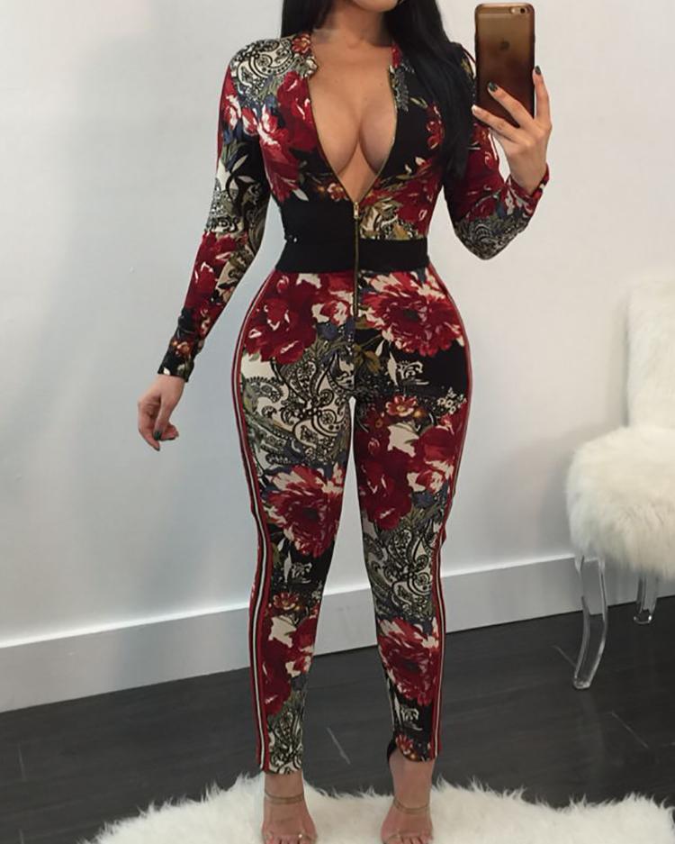 

Digital Print Zipper Up Front Plus Size Slinky Jumpsuit, Red