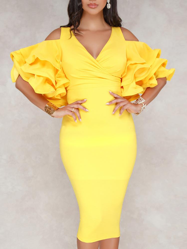 

Solid Cold Shlouder Ruffle Sleeve Midi Dress, Yellow