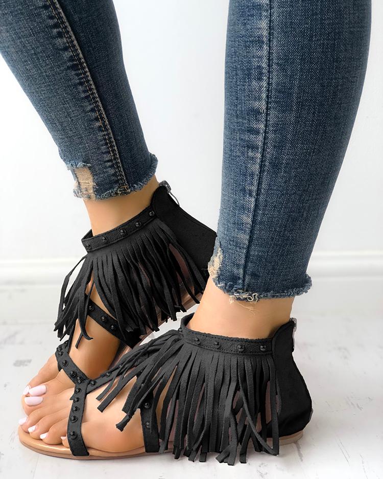 

Rivet Tassel Open Toe Flat Sandals