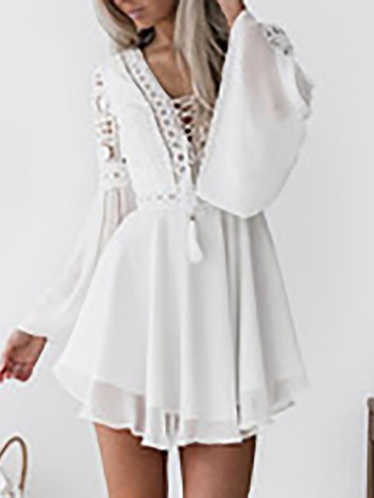 

Hollow Out Lace-Up Bell Sleeve Irregular Dress, White