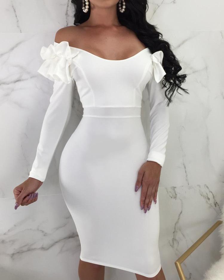 

Frills Shoulder Long Sleeve Bodycon Dress, White