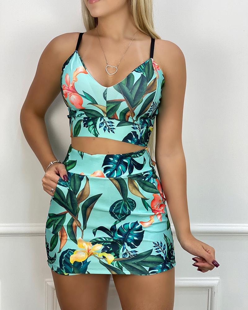 

Tropical Print Two-Piece Set, Green