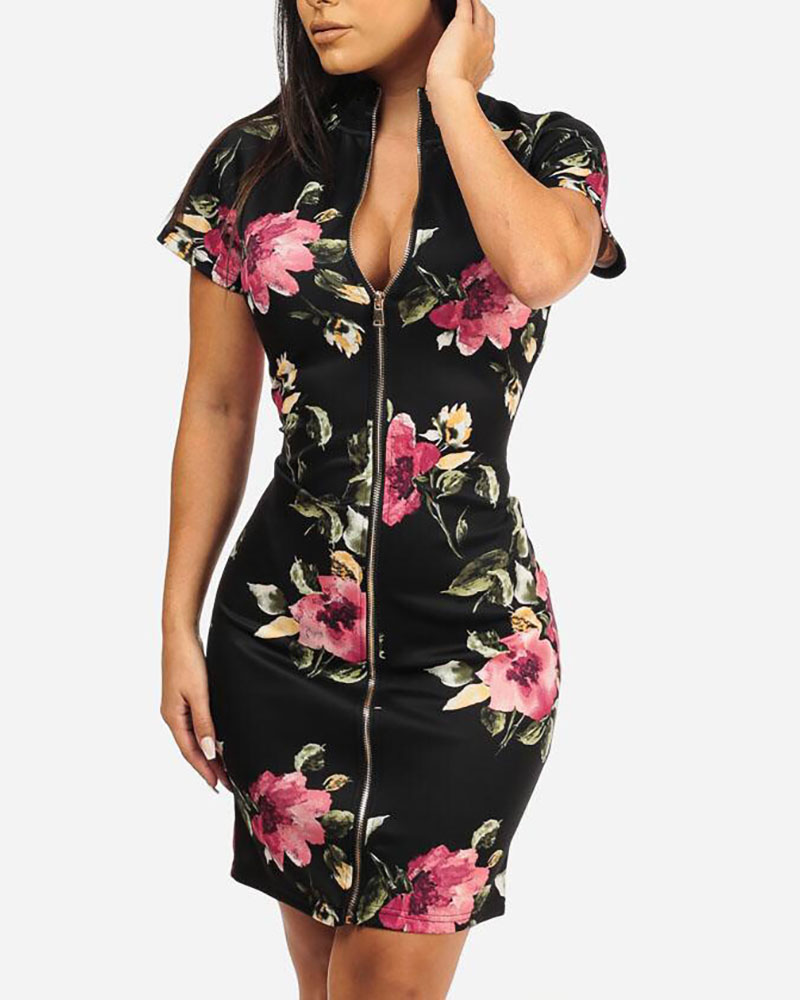 

Floral Print Zipper Up Bodycon Dress, Black