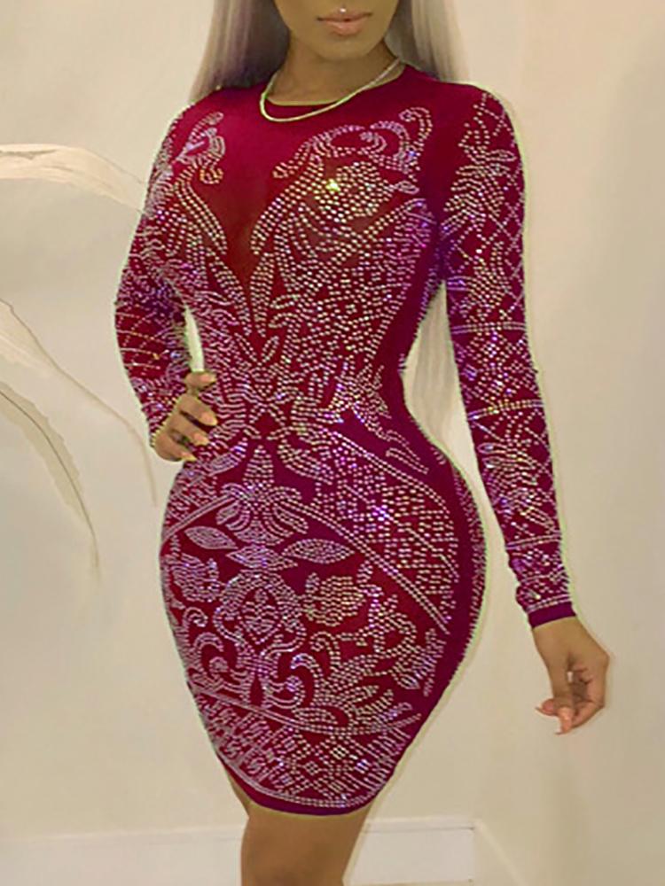 

Hot Stamping Long Sleeve Bodycon Dress, Red