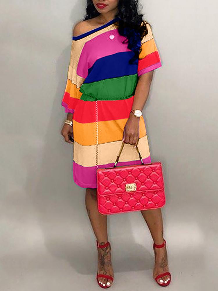 

Rainbow Color Striped Casual Dress, Pink