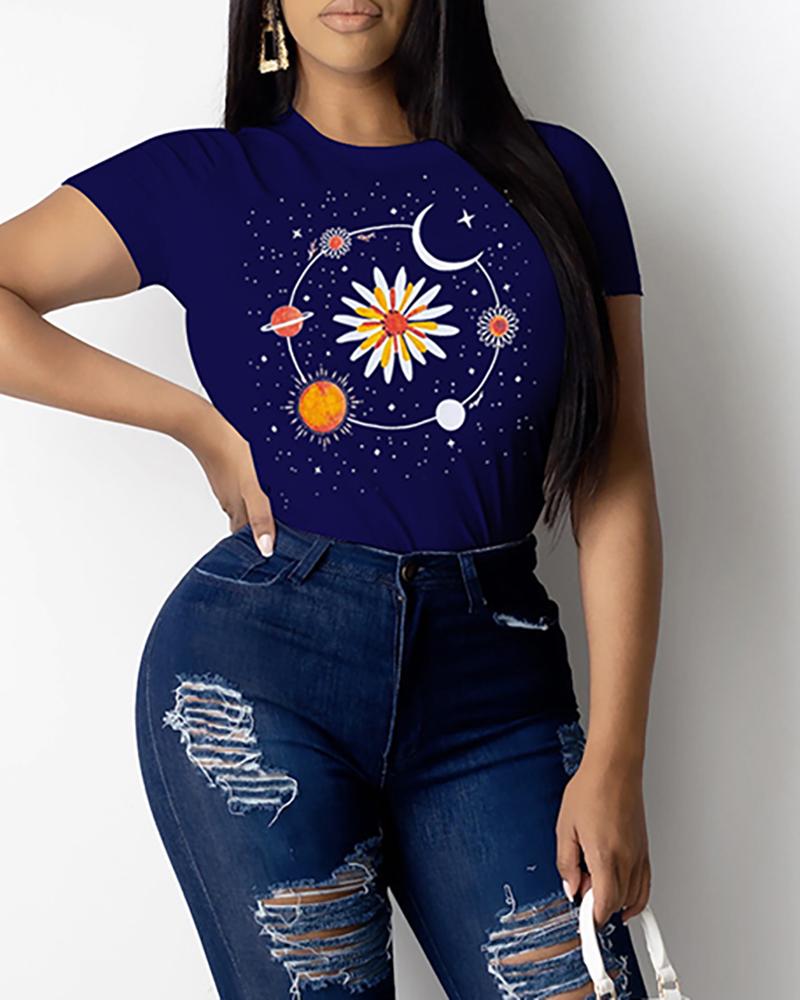 

Planet Print Short Sleeve Casual T-shirt, Dark blue