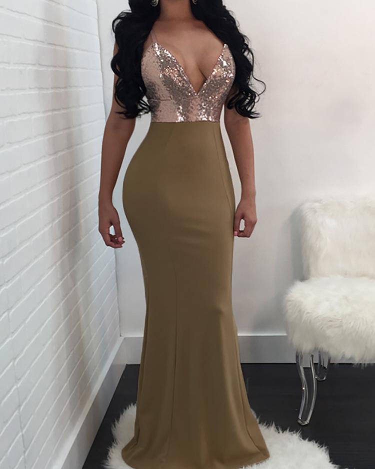 

Sequins Patchwork Deep V Maxi Dress, Beige